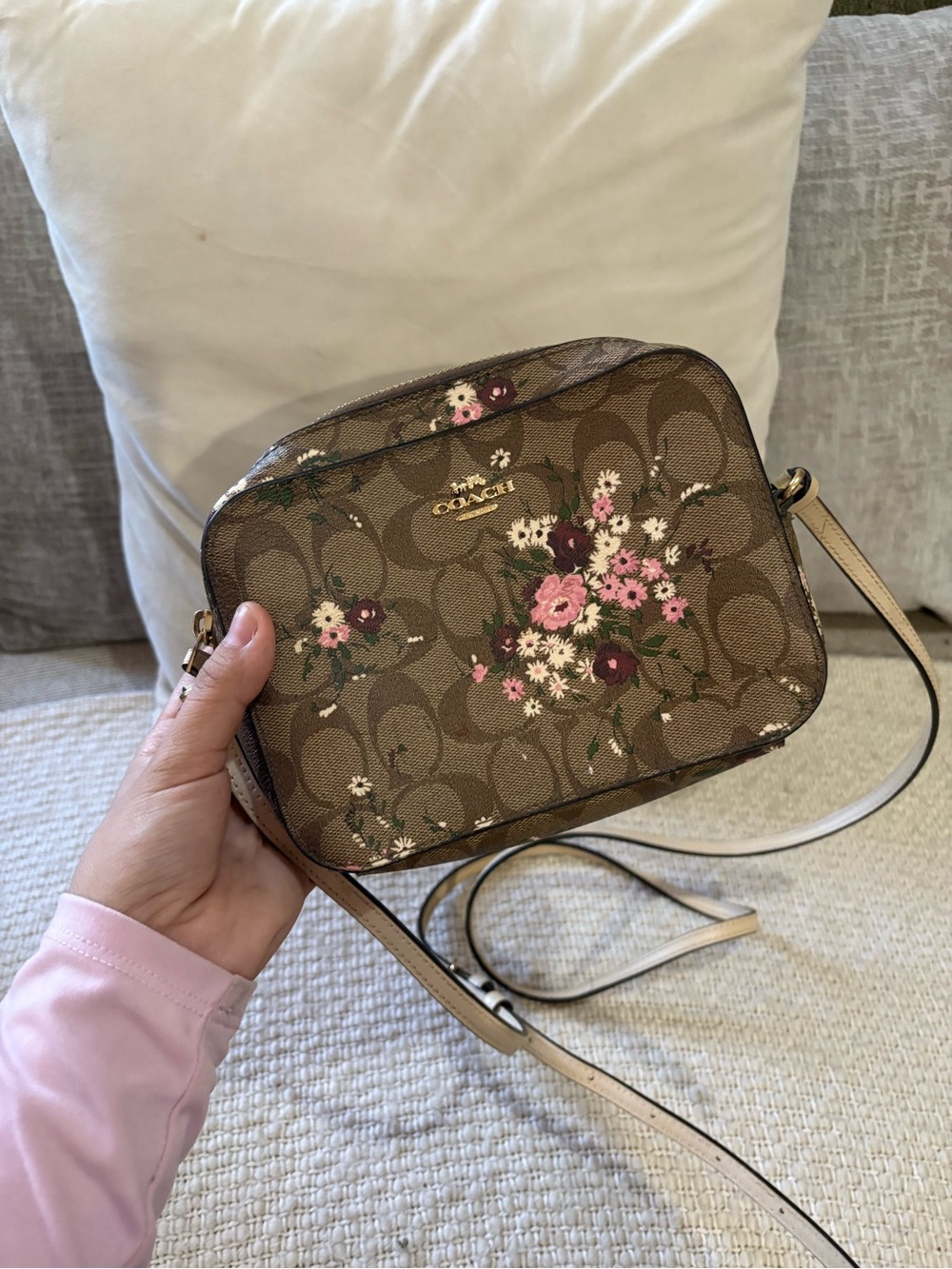 Coach Brown Signature Floral Crossbody with Pink Accents